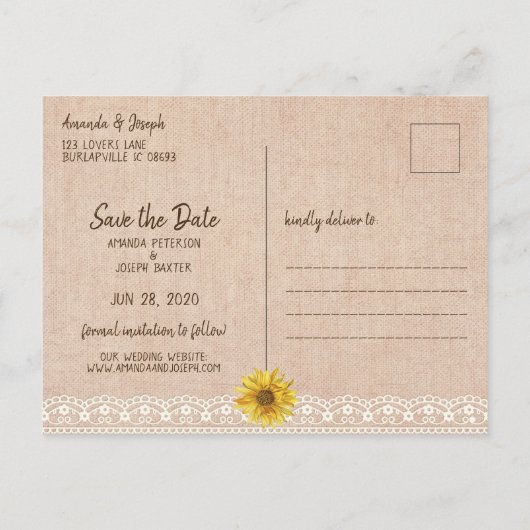 Rustic Lace & Burlap Sunflower Save the Date Aankondigingskaart (Achterkant)