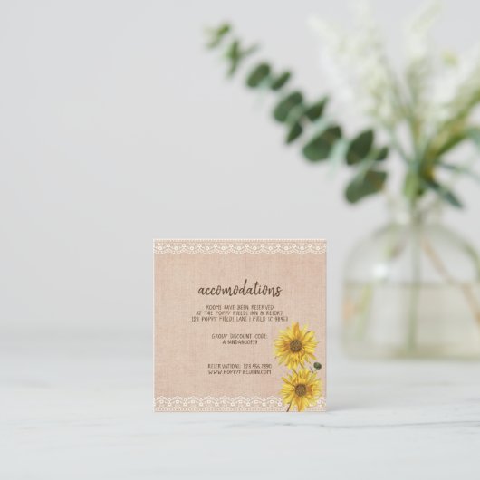 Rustic Lace & Burlap Sunflower Wedding Informatiekaartje (Staand voorkant)