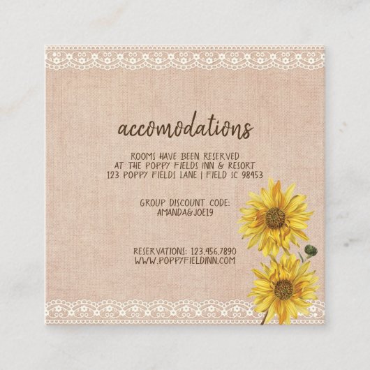 Rustic Lace & Burlap Sunflower Wedding Informatiekaartje (Voorkant)