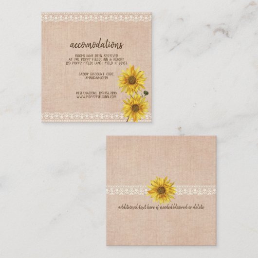 Rustic Lace & Burlap Sunflower Wedding Informatiekaartje (Voorkant / Achterkant)