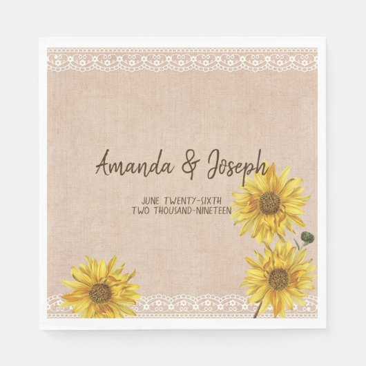 Rustic Lace & Burlap Sunflower Wedding Napkins Servet (Voorkant)