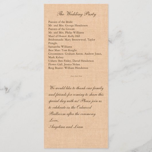 Rustic Lace & Burlap Trouwprogramma Programmakaart (Achterkant)