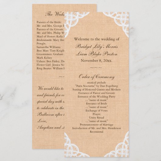 Rustic Lace & Burlap Trouwprogramma Programmakaart (Voorkant / Achterkant)