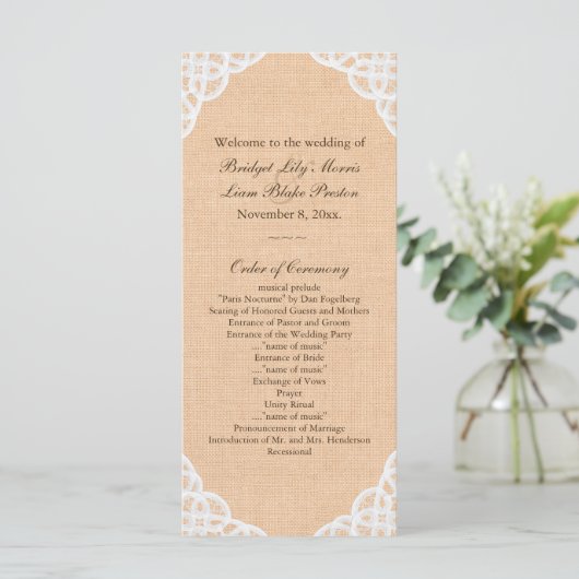Rustic Lace & Burlap Trouwprogramma Programmakaart (Staand voorkant)