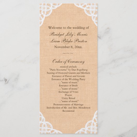 Rustic Lace & Burlap Trouwprogramma Programmakaart (Voorkant)