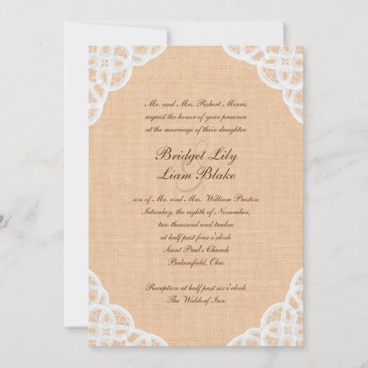 Rustic Lace & Burlap Wedding Invitation Kaart (Voorkant)