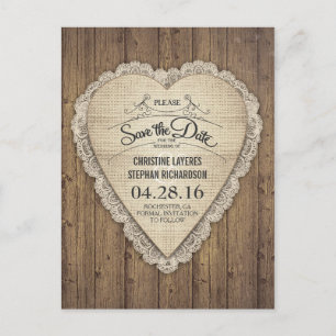 Rustic Lace Burlap Wood Heart Save the Date Aankondigingskaart