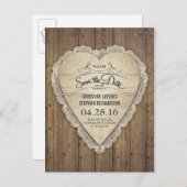 Rustic Lace Burlap Wood Heart Save the Date Aankondigingskaart (Voorkant / Achterkant)