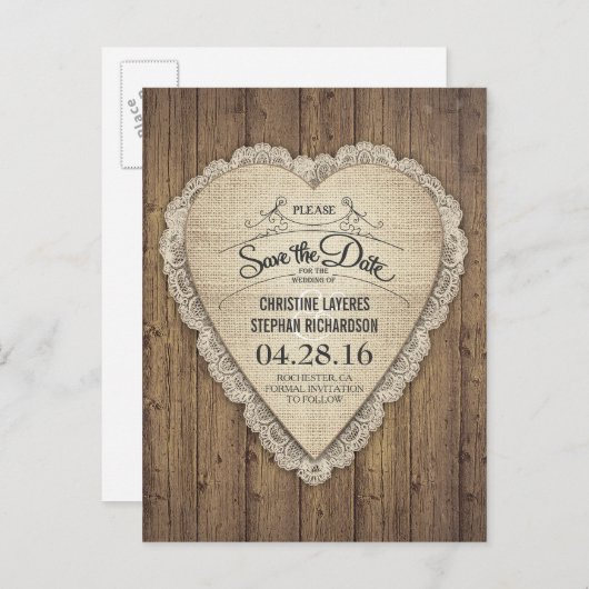 Rustic Lace Burlap Wood Heart Save the Date Aankondigingskaart (Voorkant / Achterkant)