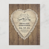 Rustic Lace Burlap Wood Heart Save the Date Aankondigingskaart (Voorkant)