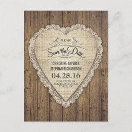Rustic Lace Burlap Wood Heart Save the Date Aankondigingskaart