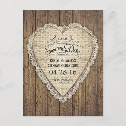 Rustic Lace Burlap Wood Heart Save the Date Aankondigingskaart (Voorkant)