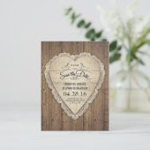 Rustic Lace Burlap Wood Heart Save the Date Aankondigingskaart (Staand voorkant)