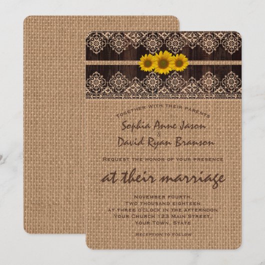 Rustic Lace Burlap Wood Huwelijksuitnodiging Kaart (Voorkant / Achterkant)