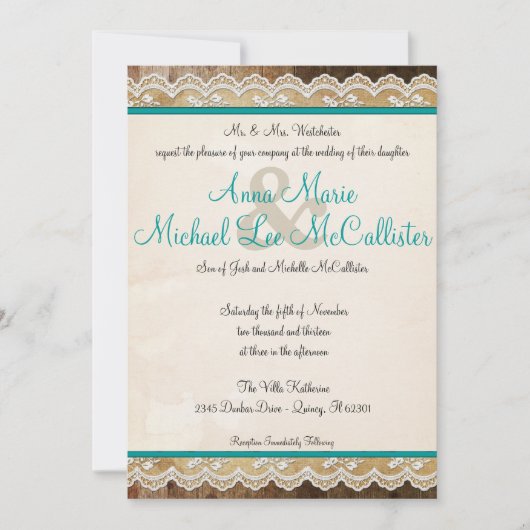 Rustic Lace  Colors Wedding Invite Kaart (Voorkant)