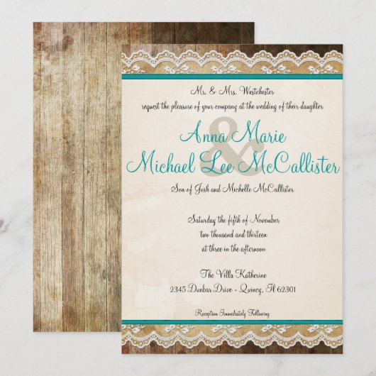 Rustic Lace  Colors Wedding Invite Kaart (Voorkant / Achterkant)