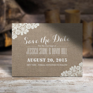 Rustic Lace Corner Burlap Wedding Save the Date Aankondigingskaart