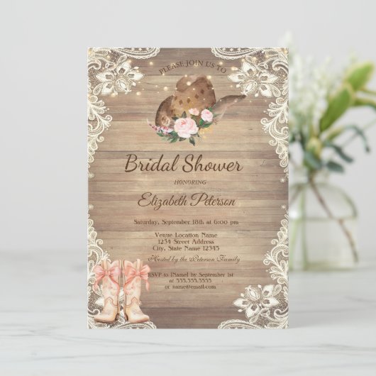 Rustic  Lace Cowboy Hat Boots Bow Bridal Shower Kaart (Staand voorkant)