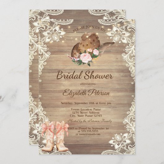 Rustic  Lace Cowboy Hat Boots Bow Bridal Shower Kaart (Voorkant / Achterkant)