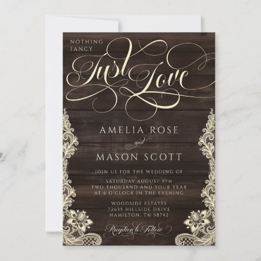 Rustic Lace Dark Wood Just Love Script Wedding Kaart (Voorkant)