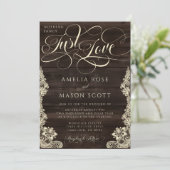 Rustic Lace Dark Wood Just Love Script Wedding Kaart (Staand voorkant)