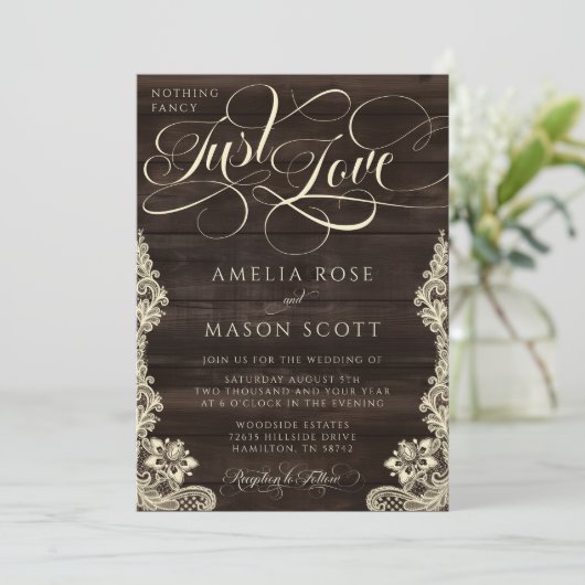 Rustic Lace Dark Wood Just Love Script Wedding Kaart (Staand voorkant)