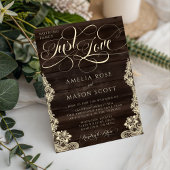 Rustic Lace Dark Wood Just Love Script Wedding Kaart