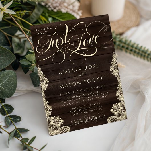 Rustic Lace Dark Wood Just Love Script Wedding Kaart