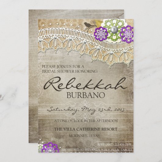 Rustic Lace Distress Vrijgezellenfeest nodigt uit Kaart (Voorkant / Achterkant)