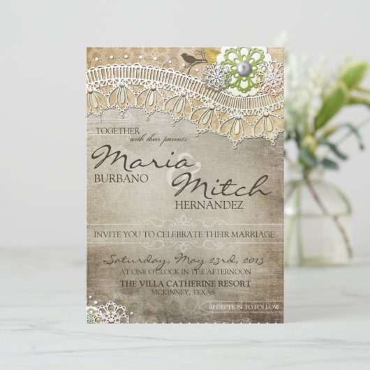 Rustic Lace Distress Wedding Kaart (Staand voorkant)