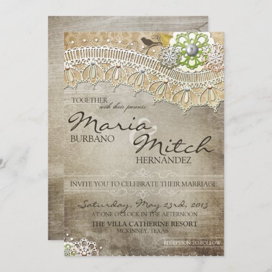 Rustic Lace Distress Wedding Kaart (Voorkant / Achterkant)
