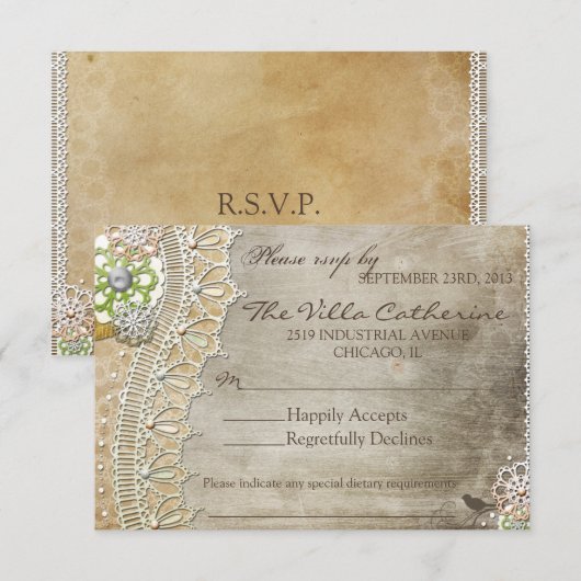 Rustic Lace Distress Wedding Reception RSVP (Voorkant / Achterkant)