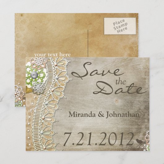 Rustic Lace Distressed Wedding Receptie Aankondigingskaart (Voorkant / Achterkant)