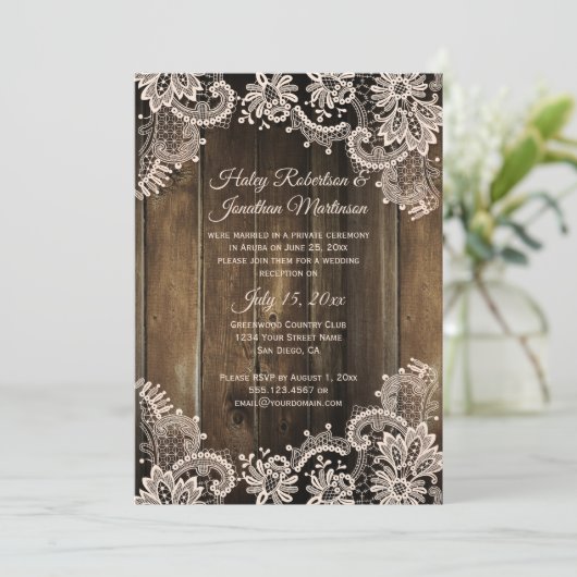 Rustic Lace en Barn Wood Ontvangst Only Kaart (Staand voorkant)