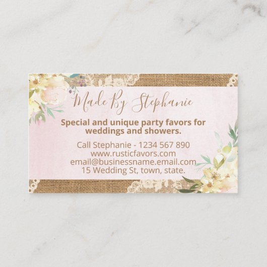 Rustic Lace en Burlap Handmade Wedding Favors Visitekaartje (Achterkant)