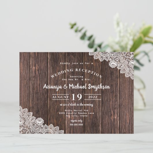 Rustic Lace en Donkere Houten Bruiloftsreceptie al Kaart (Staand voorkant)
