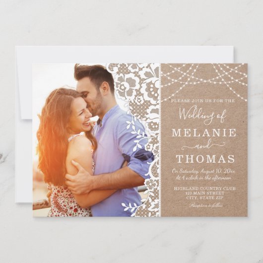 Rustic Lace en Kraft Photo Wedding Invitation Kaart (Voorkant)