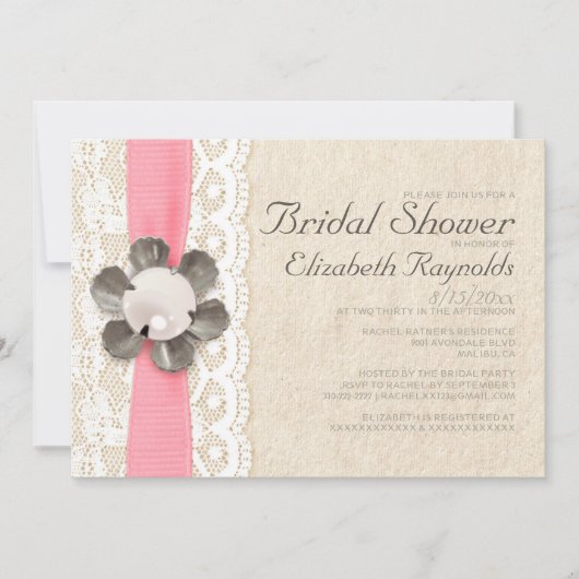 Rustic Lace en Pearls Bridal Shower Invitations Kaart (Voorkant)