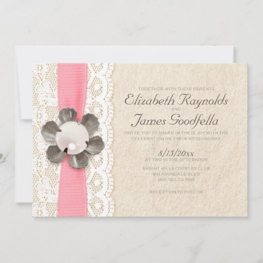 Rustic Lace en Pearls Wedding Invitations Kaart (Voorkant)