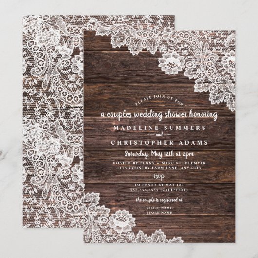 Rustic Lace en Wood-stellen trouwdouche Kaart (Voorkant / Achterkant)