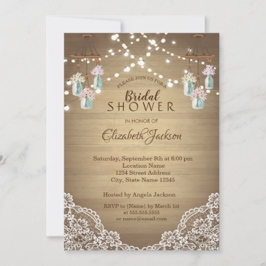 Rustic Lace, Floral Mason Jar, String Lights Kaart (Voorkant)