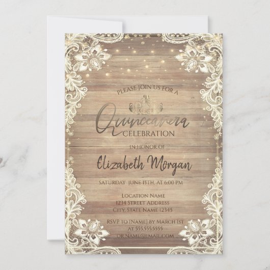 Rustic Lace, Gold Tiara, Lights Diamonds Quinceañe Kaart (Voorkant)