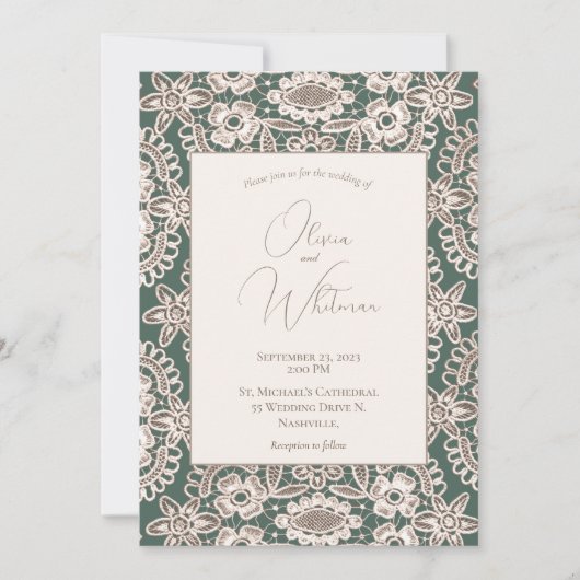 Rustic Lace Green Wedding Invitations Kaart (Voorkant)