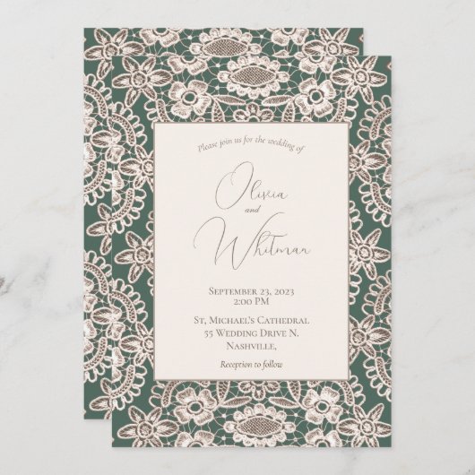 Rustic Lace Green Wedding Invitations Kaart (Voorkant / Achterkant)