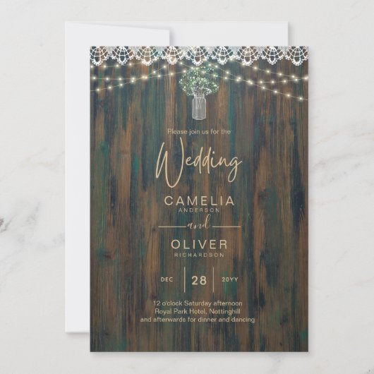 Rustic Lace Gypsophila Lights Mason Jar Wedding Kaart (Voorkant)