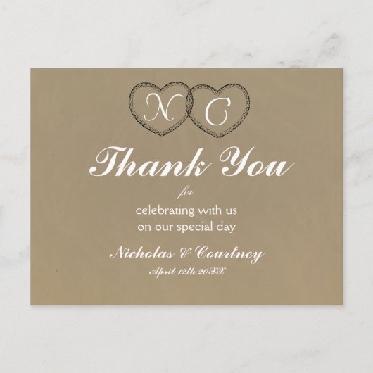 Rustic Lace Hartjes Initialen Bedankkaart Briefkaart (Voorkant)