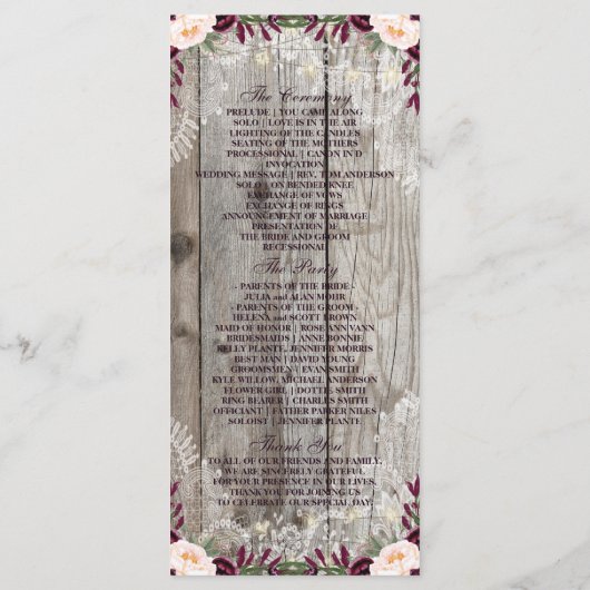 Rustic Lace Jar Wood String Lights Wedding Program Programmakaart (Achterkant)