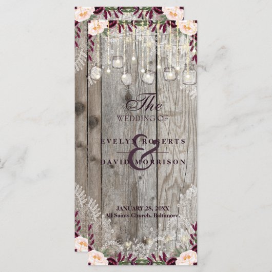 Rustic Lace Jar Wood String Lights Wedding Program Programmakaart (Voorkant / Achterkant)