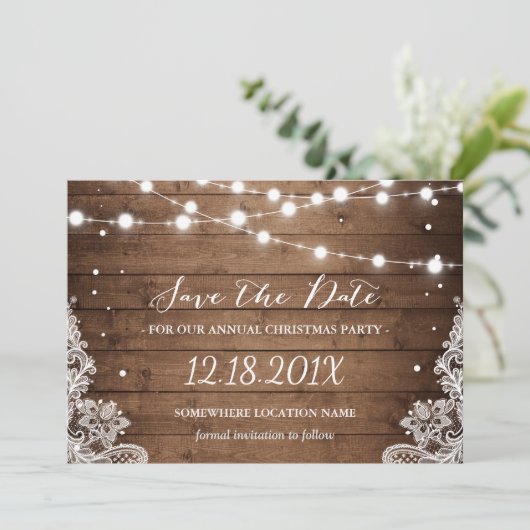 Rustic Lace kerstparty Save the Date (Staand voorkant)