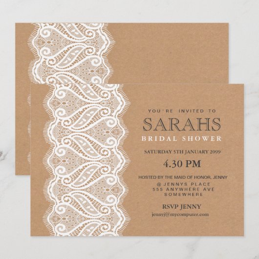 Rustic Lace & Kraft Vrijgezellenfeest Party Invite Kaart (Voorkant / Achterkant)